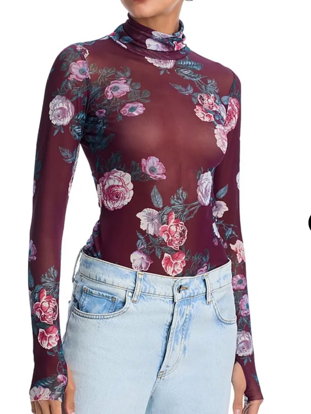 The Afrm Zadie Top Floral Mesh Turtleneck Long Sleeve Top - Burgundy